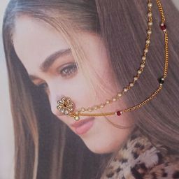 NIKYANKA Gold-Plated Artificial Stones Studded And Beaded Chained Nosepin-picture-1