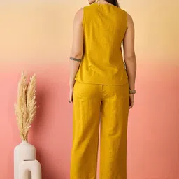 Sangria Mustard And Green Embroidered V-Neck Pure Cotton Top & Trousers image 4