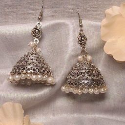 HOPMEE Silver-Plated Pearls Beaded Dome Shaped Oxidised Jhumkas-12