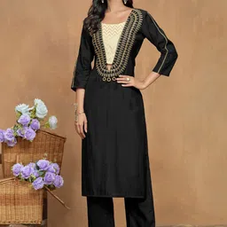 Sangria Black and Beige Embroidered Round Neck Tunic & Trouser-image-83