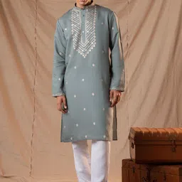 5 Stitch Ethnic Motifs Embroidered Sequinned Band Collar Straight Kurta With Pyjamas-image-64