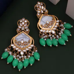 BELWICK Brass-Plated Kundan Studded And Pearls Beaded Teardrop Shaped Drop Earrings-image-66
