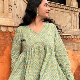 Vastravali Jaipur Floral Printed V-Neck Pure Cotton Empire Anarkali Kurti-image-56