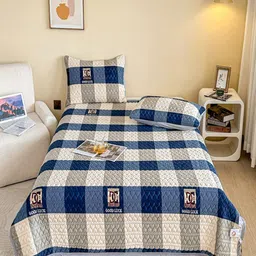 JC HOME White & Blue Check Double Bed Cover With Pillow Covers-image-17