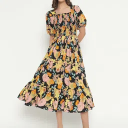 Femvy Women Floral Printed Applique Crepe Fit & Flare Midi Dress-picture-31