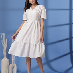 plusS Fit & Flare Cotton Tiered V-Neck Midi Dress-image-6