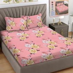 FABINALIV Pink & Yellow Floral 300 TC King Bedsheet with 2 Pillow Covers-image-85