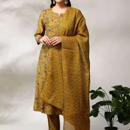 Anouk Yellow Floral Printed Notch Neck A-Line Kurta with Trousers & Dupatta-5