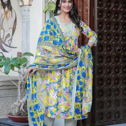 SINGNI Women Floral Printed Empire Sequinned Pure Cotton Kurta with Trousers & With Dupatta-picture-15