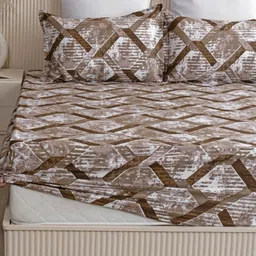 HOMEMONDE Beige & White Geometric 210 TC Single Bedsheet with 1 Pillow Covers-image-39