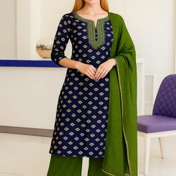 Silakaari Women Navy & Green Embellished Pure Cotton Unstitched Dress Material-picture-2