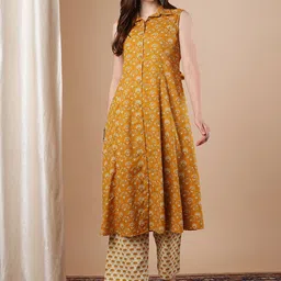 FASHOR Floral Printed Shirt Collar Pure Cotton A-Line Kurta With Palazzos-image-28