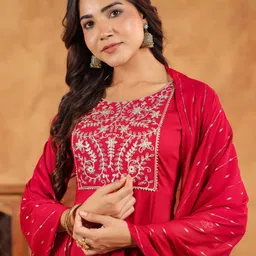 Janasya Floral Yoke Design Beaded Work Anarkali Kurta With Trousers & Dupatta-image-89