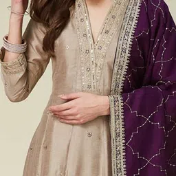 MOKOSH Floral Embroidered V-Neck Sequinned A-Line Kurta With Trousers & Dupatta image 3