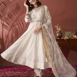 Anouk Floral Embroidered V-Neck Mirror Work Anarkali Kurta & Trousers With Dupatta-image-34