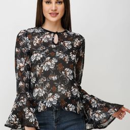 MINOS Women Floral Printed Keyhole Neck Bell Sleeve Top-image-30
