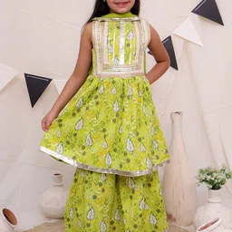 Ka-mee Girls Floral Printed Regular Gotta Patti Pure Cotton Kurta with Sharara & With Dupatta-image-93