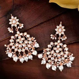 Peora Rose Gold-Plated-Plated Kundan Studded & Beaded Floral Shaped Drop Earrings-13