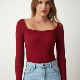 Happiness istanbul Women Ribbed Cotton Square Neck Cotton Top-image-28