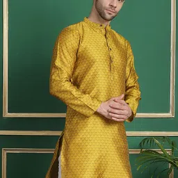 Anouk Mustard Yellow Ethnic Motifs Woven Design Band Collar Jacquard Straight Kurta-image-90