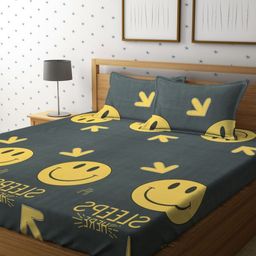 Myntra Elegant Homes Grey & Yellow Cartoon Characters 300 TC Queen Bedsheet with 2 Pillow Covers-image-21