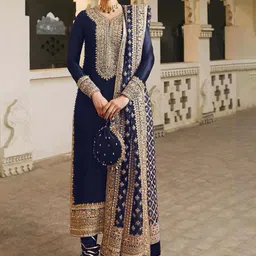 ANAMSA Floral Embroidered Sequinned Semi-Stitched Dress Material-6