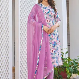 SZN Floral Printed V-Neck Straight Kurta With Trousers And Dupatta-picture-26