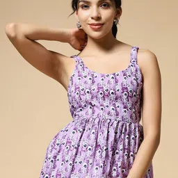 Womenster Peacock Motif Printed Scoop Neck Cotton Peplum Top-picture-35