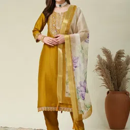 MOKOSH Women Embroidered Regular Sequinned Kurta with Trousers & With Dupatta image 3