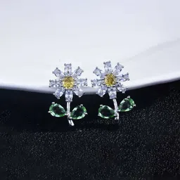 Jewels Galaxy Silver-Plated American Diamond Studded Floral Shaped Studs-68