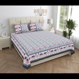 JAIPUR FABRIC Blue & White Floral King Bedsheet with 2 Pillow Covers-image-40