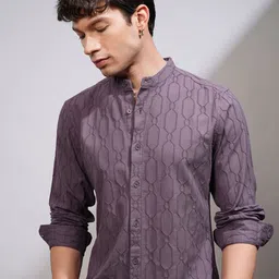 HIGHLANDER Men Band Collar Textured Cotton Casual Shirt-image-34