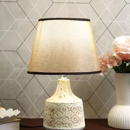 TAYHAA Brown & White Textured Ceramic Contemporary Frustum Shaped Table Lamp-18