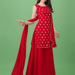 PARROT CREATION Women Ethnic Motifs Embroidered Regular Sequinned Kurta with Sharara & With Dupatta image 4