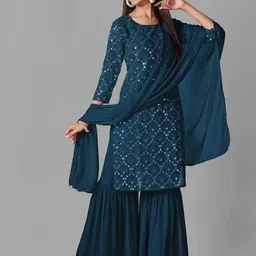 PARROT CREATION Floral Embroidered Georgette Straight Kurta With Sharara & Dupatta-image-23