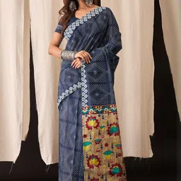 Moda Rapido Grey Colourblocked Pure Cotton Block Print Sarees-picture-2