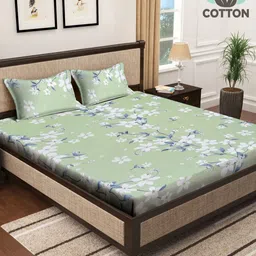 Myntra Elegant Homes Green & White Floral 400 TC King Bedsheet with 2 Pillow Covers-image-73