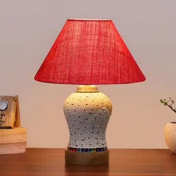 Devansh Pink & White Textured Wooden Frustum Shaped Table Lamp With Mosaic Glass Base-11