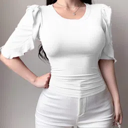 Istyle Can Women Round Neck Puff Sleeves Ribbed Top-image-86