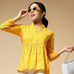 Womenster Women Geometric Print Mandarin Collar Cotton Top-picture-5
