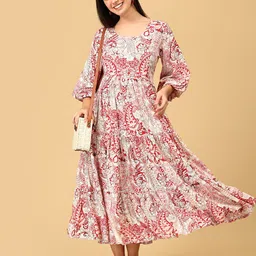 The Mom Store Ethnic Motifs Print Puff Sleeve Crepe Maternity Fit & Flare Maxi Dress-image-75