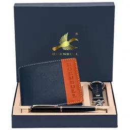 Hornbull Men Taylor Navy-Rust Leather Wallet, Keyring & Pen Combo Accessory Gift Set-image-39