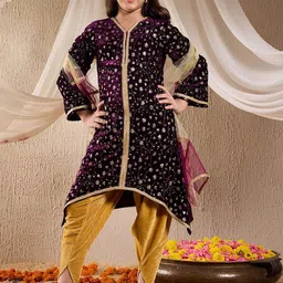 pspeaches Girls Floral Embroidered Velvet Kurta with Dhoti Pants & Dupatta-image-34
