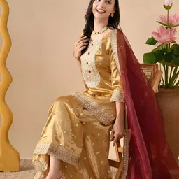 Jaipurite Women Embroidered Regular Sequinned Satin Kurta with Sharara & Dupatta-picture-7