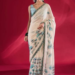 all about you Floral Beads and Stones Poly Georgette Designer Muga Saree-image-41