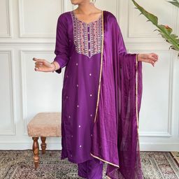 KALINI Ethnic Motifs Embroidered Straight Kurta With Trouser & Dupatta-image-25