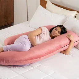 wakefit Pink Fibre Filled G Shaped Faux Velvet Maternity Pillow-25