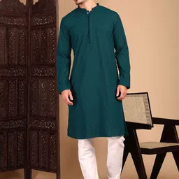 House of Pataudi Geometric Embroidered Long Sleeves Chikankari Straight Kurta With Trouser-picture-44