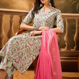 Sangria Floral Printed V-Neck Angrakha Pure Cotton A-Line Kurta With Trousers & Dupatta-picture-39