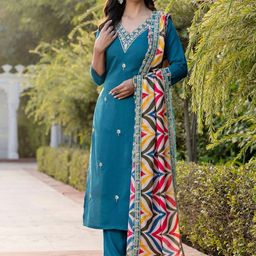 HERE&NOW Women Solid Embroidered Kurta with Pyjama & Dupatta-image-58